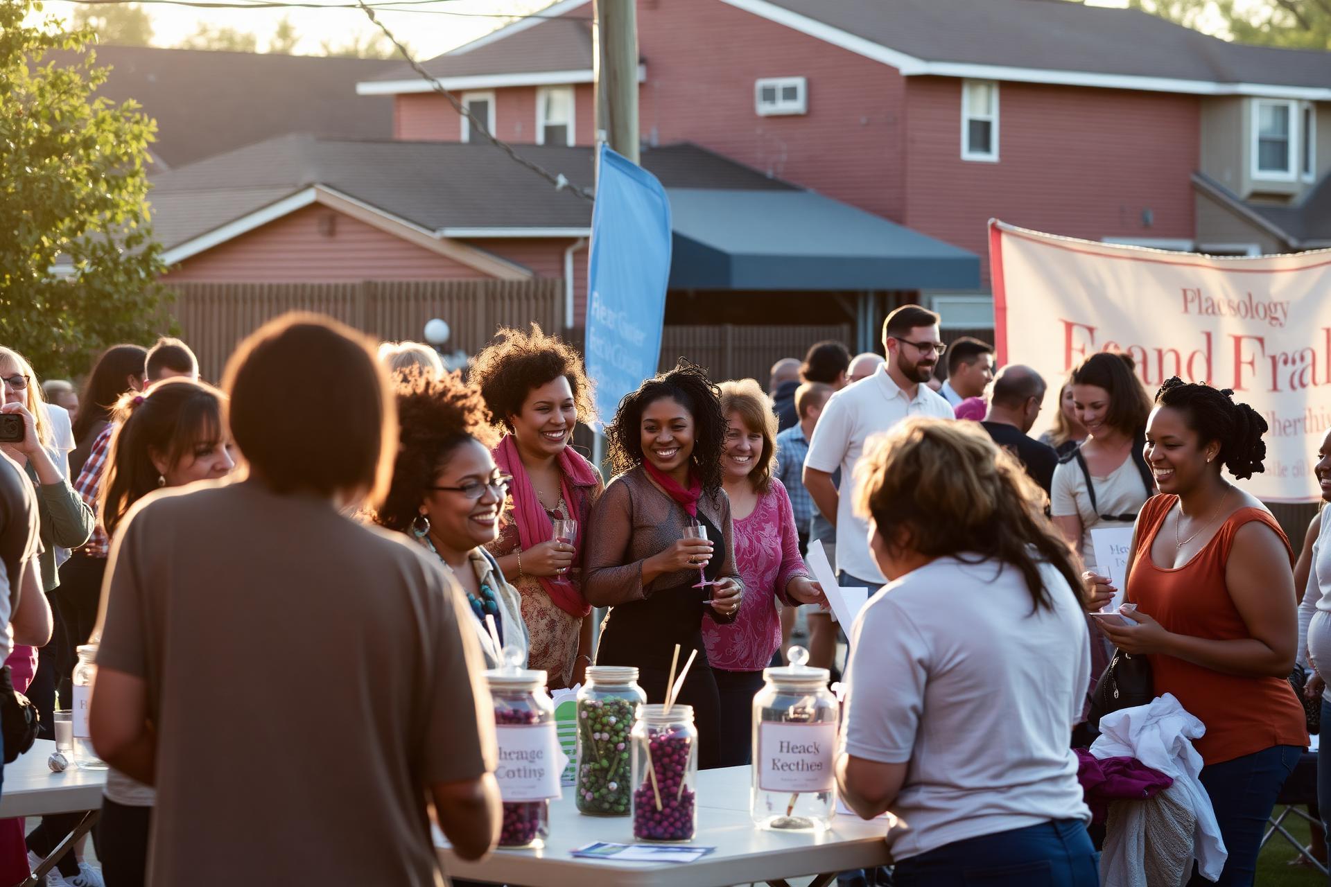Neighbors and families gathered around donation tables at a community fundraiser