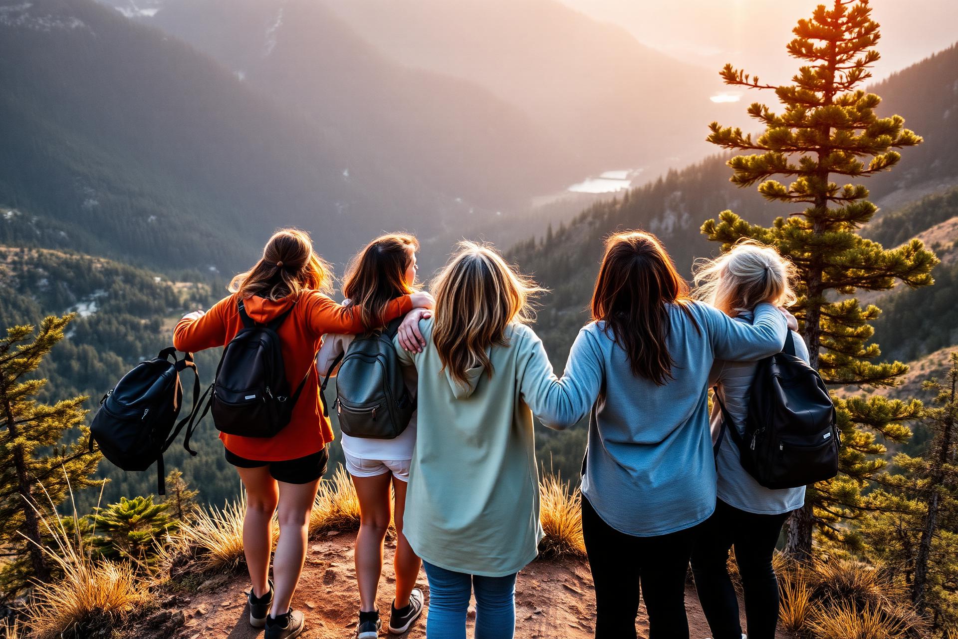 Women friends with arms around each other at a mountain overlook on a girls trip
