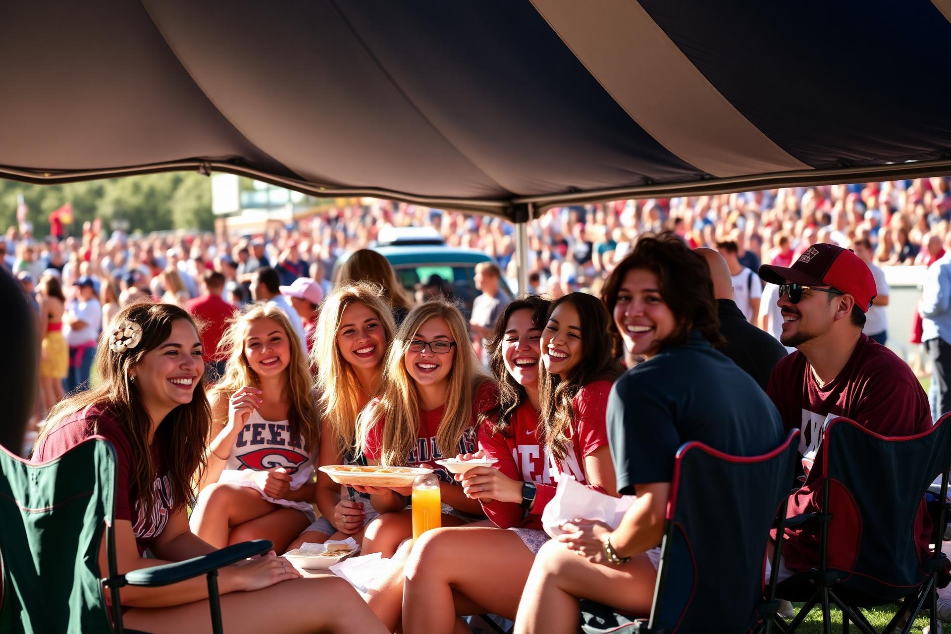 Friends tailgating under a tent before a homecoming game in school colors